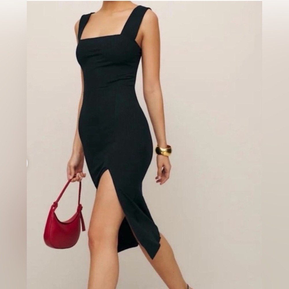 Reformation Cassi black ribbed midi dress